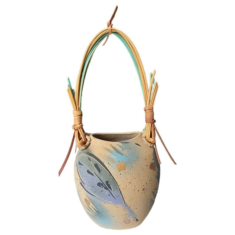 Laura Ross Pottery Vase Prospect Kentucky Soda Fired Ceramics Feather Blue Tan